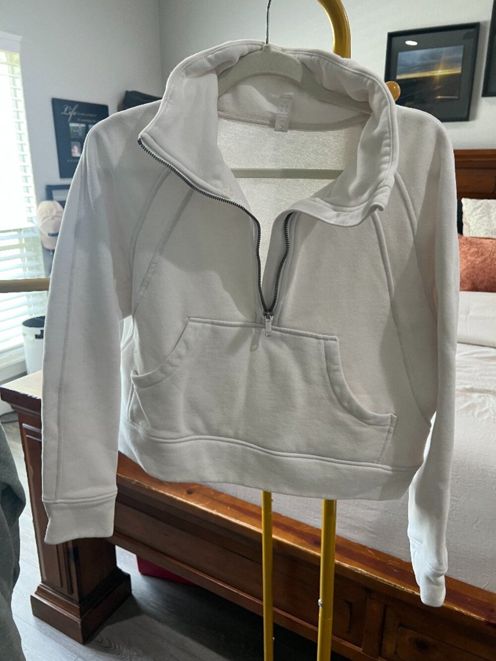 White Half Zip Pullover Sweatshirt Oversized Collar Kangaroo Pocket Size Small